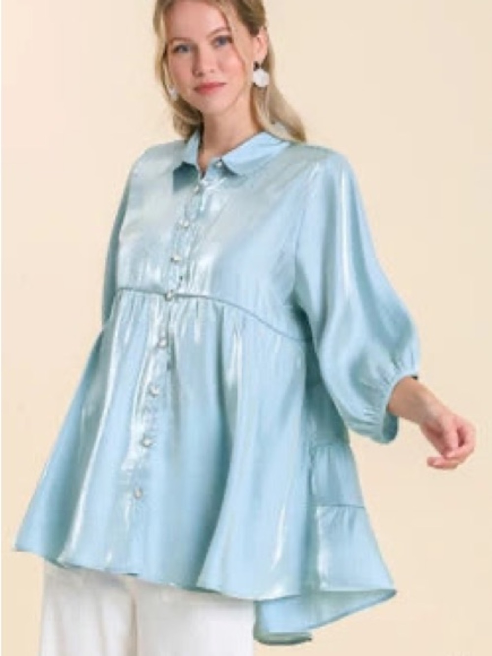 Umgee Shimmery Light Blue Button-Front Tunic